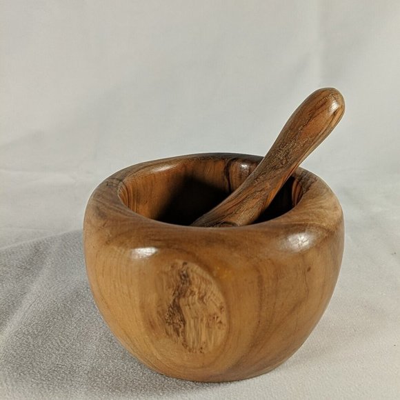 Vintage Olive Wood Herb Spice Grinder Mortar & Pestle Farmhouse Rustic Handmade - Picture 2 of 16